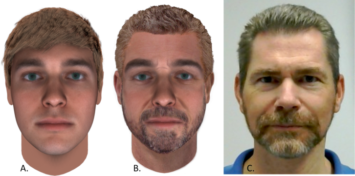 Three faces: one aged 25, one aged 52 with a beard, and
   an actual photo of the subject
