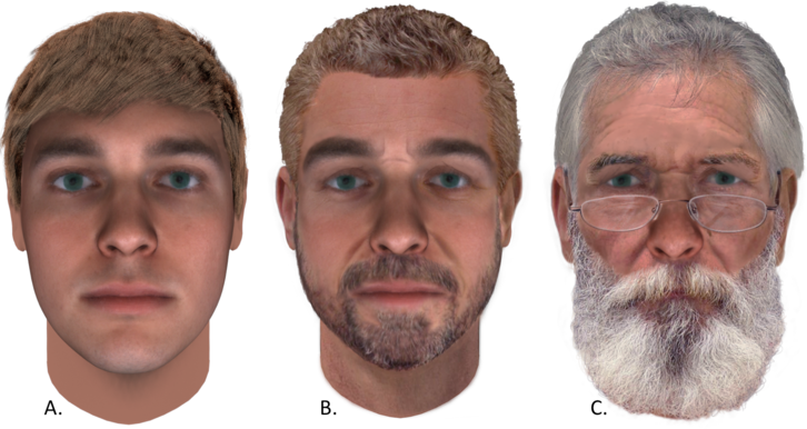 Three faces: one normal at 25, one with a beard at 52, and one with a beard at 75