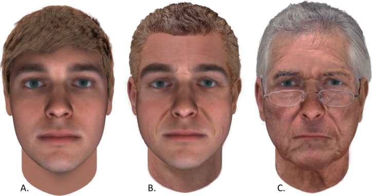 Three faces: the predicted composite at age 25, one aged to 52 years old, and one aged to 75 years old