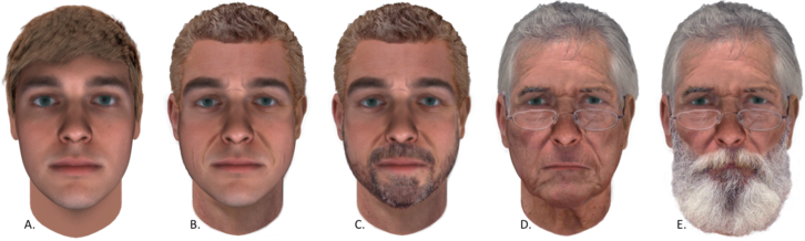 Five faces, aged 25 through 75, some with beards and some without